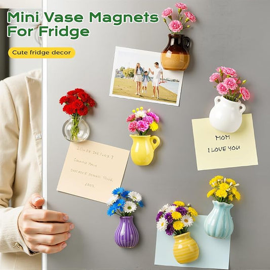 Renmxj 12 Pcs Refrigerator Magnets - Cute Mini Ceramic Vase Fridge Magnets with Artificial Flowers, Funny Tiny Vase Magnet for Fridge Decorative, Office, Kitchen, Locker, Whiteboard