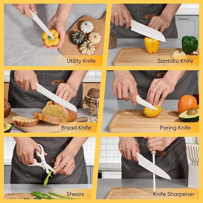 E-far Knife Set, 15-Piece Kitchen Knife Block Set with Sharpener, High Carbon Steel Chef Paring Steak Knives with Ergonomic Non-Slip Handle, Anti-Rust & Razor Sharp, White