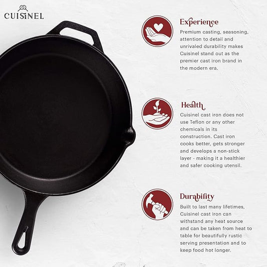 Cast Iron Skillet - 10"-Inch Frying Pan with Pour Spouts + Pan Scraper + Silicone Grip Handle Cover Holder - Pre-Seasoned Oven Cookware - Indoor/Outdoor Use - Stovetop, Induction. PFAS and PFOA-free
