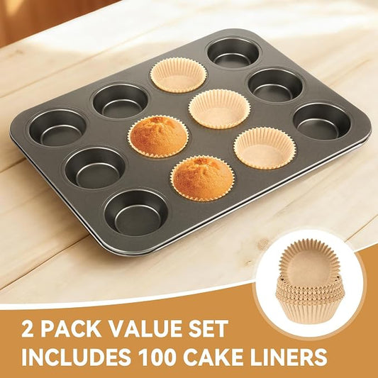 Artcochan 2 Pack Muffin Pan with 100 Cupcake Liners, 12 Cup Nonstick Cupcake Pan for Baking, Carbon Steel Baking Supplies Muffin Tin