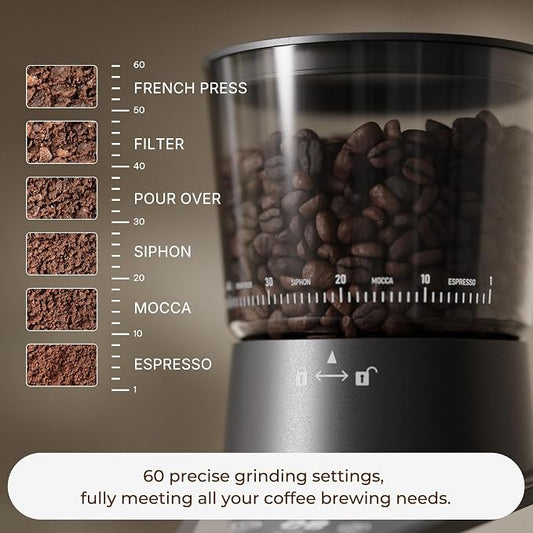 Burr Coffee Grinder with 60 Settings, Electric Conical Bean Grinder with Touch Screen & Anti-Static Technology for Espresso to French Press, 1-60s Timer & 1-8 Cup Dosing, Stainless Steel, Black