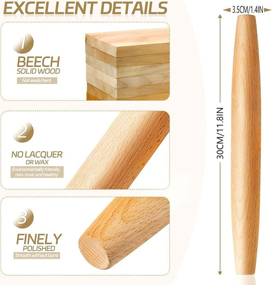 French Rolling Pin for Baking - AMPSEVEN Wooden Rolling Pin Dough Roller for Baking Pizza Pasta Dumpling Thin Pasta Piecrust 30CM 11.8inch