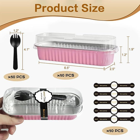 50 Pack Mini Cake Pans with Lids and Spoons, Mini Loaf Baking Pans 6.8oz, Small Disposable Aluminum Foil Loaf Pans, Rectangular Baking Containers for Party and Picnics, Cheesecake Pans (Pink)