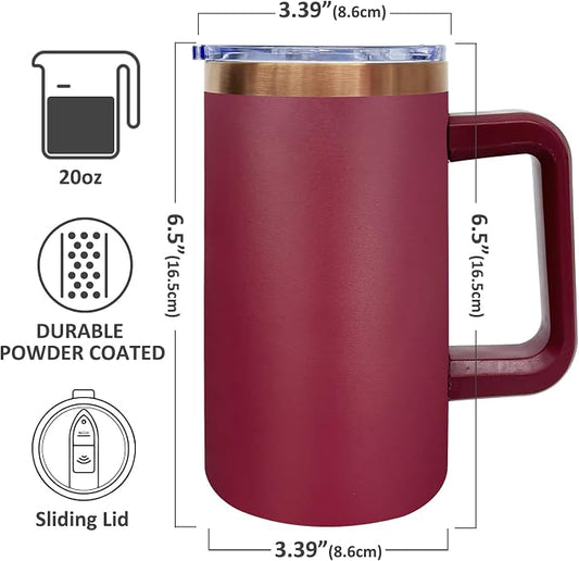 20 oz Insulated Coffee Mug with Lid, Stainless Steel Coffee Tumbler Bulk, Double Wall Vacuum Travel Mug with Handle, Leakproof Powder Coated Coffee Cups for Hot and Cold Drinks (Red,4 pack)