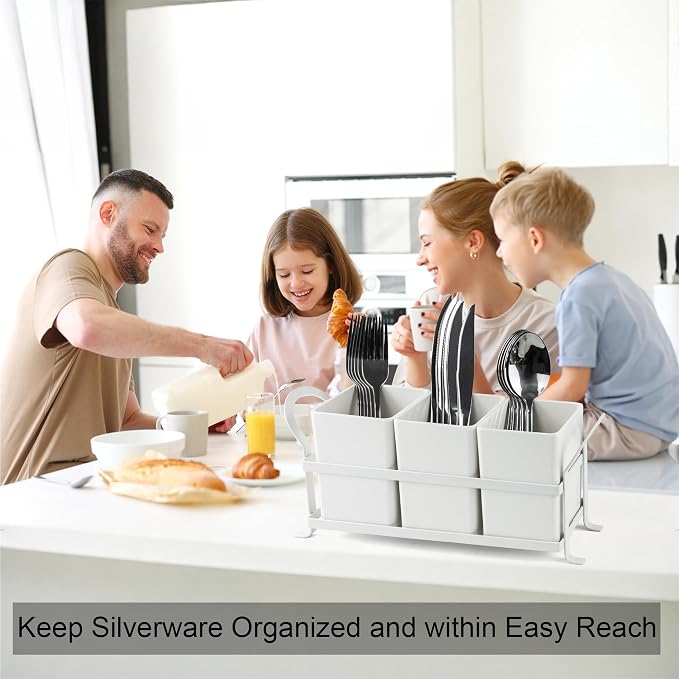 KAQAHIDO Utensil Caddy with Drain Holes, Cutlery Organizer for Kitchen Countertop Drawer 3pcs Bins Set Silverware Holder for Spoon, Fork and Knife, White