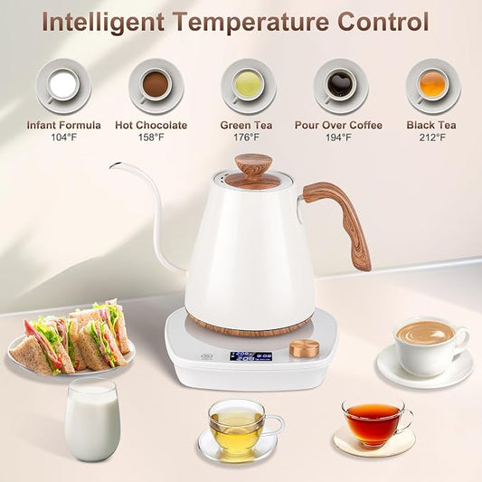 Gooseneck Electric Kettle, Intelligent Temperature Control, Stainless Steel Inner, Quick Heating, for Pour Over Coffee, Brew Tea, Boil Hot Water, 1000W 0.9L Cream White