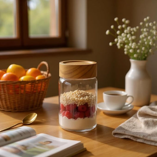 6-Pack 8 fl oz Stackable Airtight Glass Jars (with Acacia Wood Lids + Sticker Labels) – Small Mason Jars designed for overnight oats, spices, dry goods, and kitchen organization.