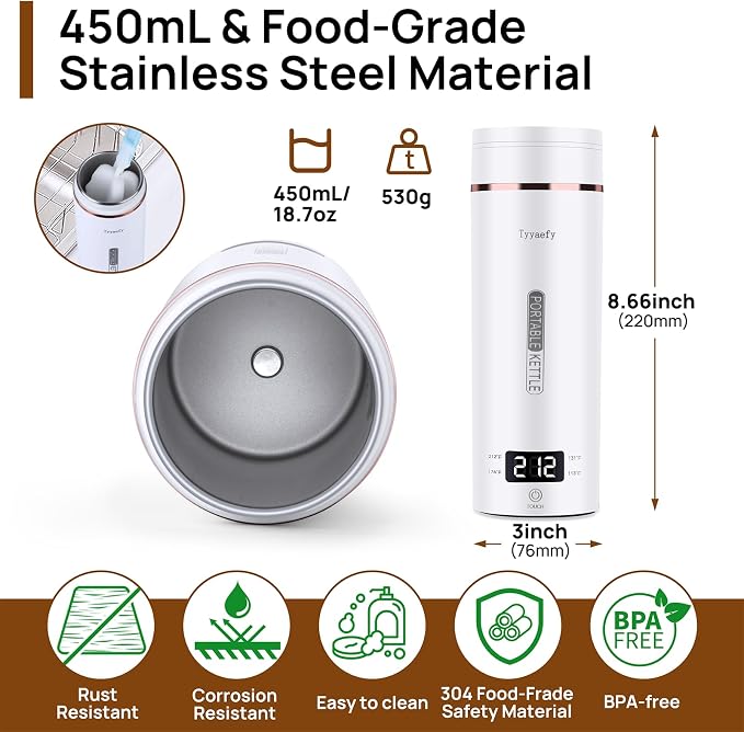 Portable Electric Kettle – Plug-in with Travel Bag, 450mL 304 Stainless Steel, 4 Preset Temp, Rapid Boiling, Auto Shut-Off & Boil-Dry Protection, Home Office Hotel Caravan Dorm Business Trip