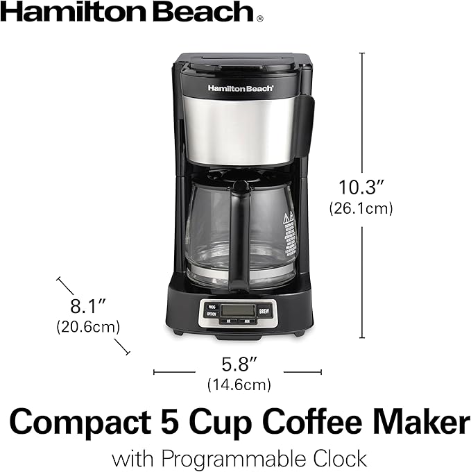 Hamilton Beach 5 Cup Drip Coffee Maker with Easy FrontFill Basket | Compact Design | Programmable Clock | Glass Carafe | Auto Pause and Pour | Black & Stainless Steel | 46111