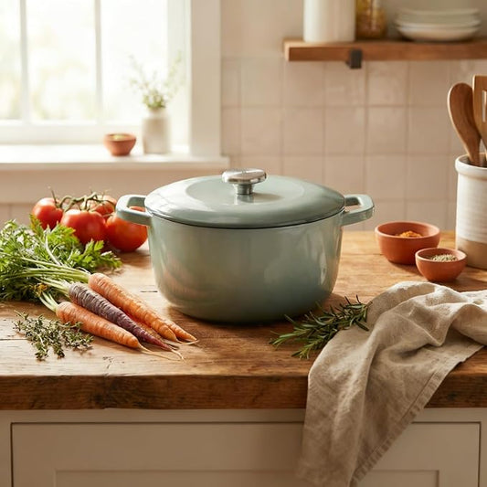 7QT Enamel Cast Iron Dutch Oven with Lid,Dual Handles,Versatile Heavy-Duty Non-toxic Cookware for Sourdough Bread Baking,Braising,Stews,Roasting,Oven Safe up to 500°F green