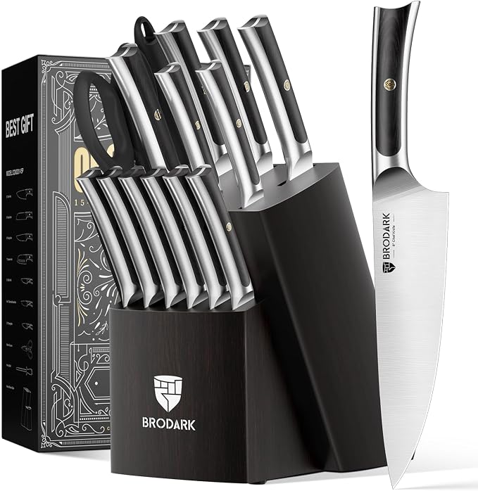 BRODARK 15 PCS Knife Set with Block,Pakkawood Handle Kitchen Knife Set | Ultra Sharp Chef Knife set with sharpener, High Carbon Stainless Steel, Non-Slip Grip for Cooking, Gift Box for Dad Father