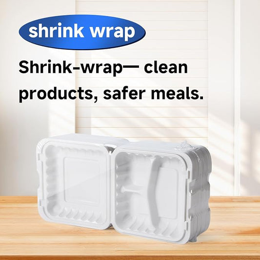 7.8" 30oz 3 Compartment Food Containers - Shrink Wrap Ready to Use | 65 Pack Mineral Filled PP Clamshell | BPA Free Freezer Microwave Safe | Reusable White Lunch Box for Leftovers, Take Out