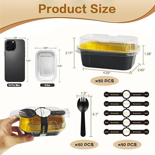 mini loaf pans with lids and spoons 50 Pack,5.5 oz Rectangle mini individual cake tins Disposable Small Aluminum Foil Baking pans (50, Black)