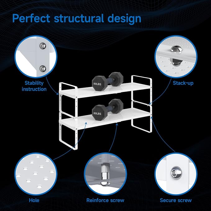 Expandable Cabinet Shelf Organizer Adjustable Metal Spice Rack Stackable Freestanding Counter Storage Shelves for Kitchen Cabinet Under Sink Office Desk (White - 1Pack - L16.5-27'' * W8'' * H9.6'')