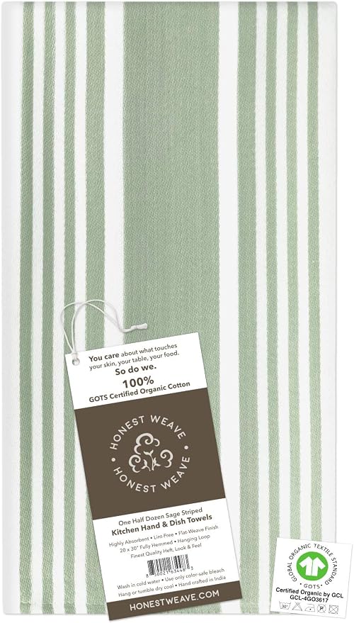 HONEST WEAVE GOTS Certified Organic Cotton Kitchen Hand and Dish Towel Sets - Oversized 20x30 inches, Fully Hemmed, in Designer Colors, 6-Pack, Sage Stripe