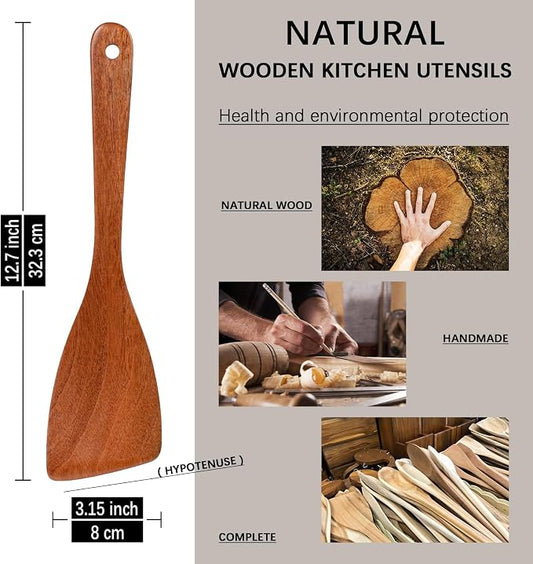2PCS Wooden Spatulas for Cooking, 12.8inch Coated Sapele Wood Turners for Frying, Non-Scratch Bevel Spurtle for Pan & Wok, Wooden Cooking Utensils for Non Stick Cookware, Long Handle Scraper