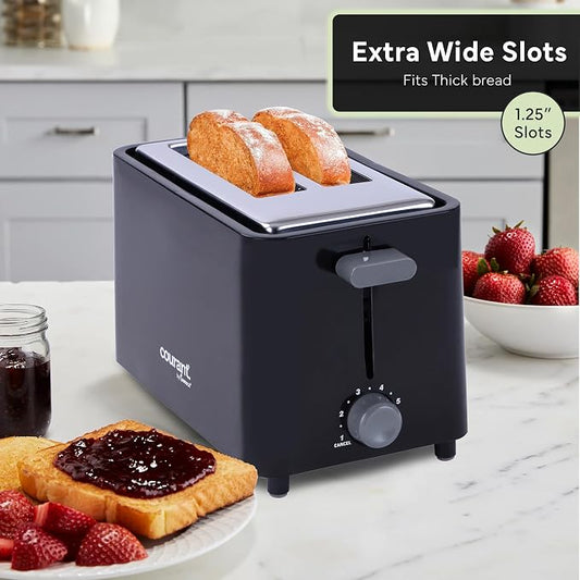 Courant 2-Slice Toaster Cool Touch with Extra Wide Slots For Bread, Bagels & Waffle with 6 Adjustable Shade Settings, Crumb Tray & Cancel Function Extra-Lift Feature, compact Design - Black