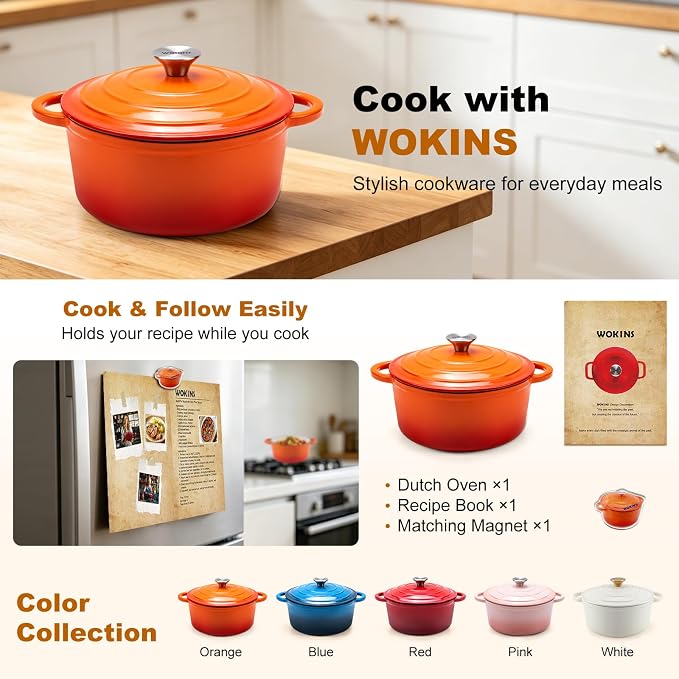 Enameled Cast Iron Dutch Oven - 5.5QT Pot with Lid,Oven Safe to 500°F,Heavy-Duty Cookware for Sourdough Bread Baking,Braising,Stews,Roasting Orange