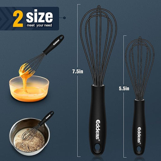 Eddeas Silicone Mini Whisk, Small whisks Non-Stick Tiny Whisks set of 2(5.5in & 7.5in)-Heat Resistant (450°F) Whisks, Balloon Egg Beater Perfect for Whisking, Beating, Mixing, Blending, Black