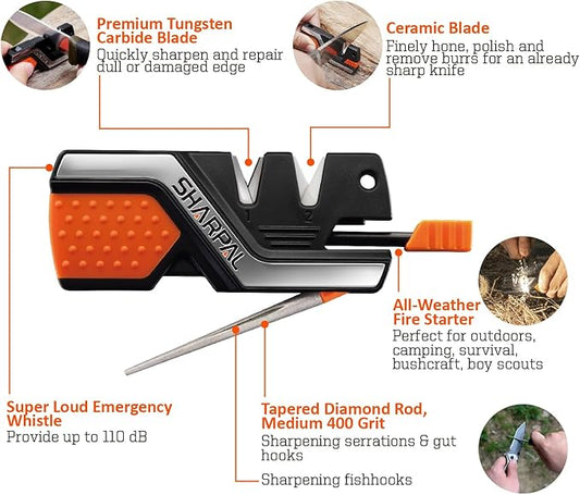 SHARPAL 101N 6-in-1 Pocket Knife Sharpener & Survival Tool – Diamond Sharpening Rod, Fire Starter Ferro Rod, Whistle – Sharpens Straight & Serrated Blades, Repairs & Hones Knives Fathers Day Gift