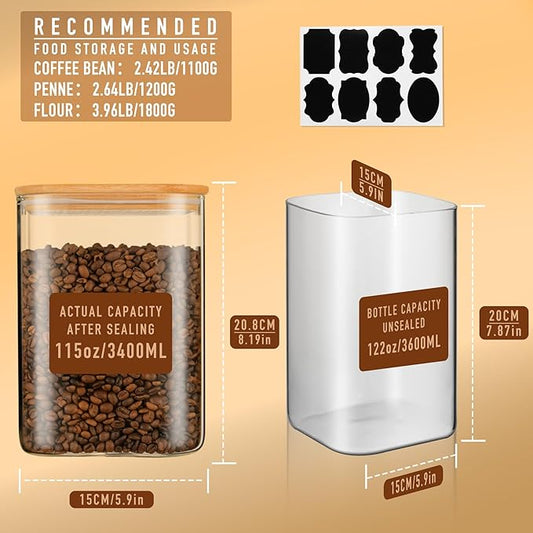 D2scrma 115oz Airtight Glass Square Storage Canister with Bamboo Lid Set of 1 (3400ml) Gallon Glass Jars Large Kitchen Canister for Sugar, Flour, Cookies and Coffee beans (with Black Lable)
