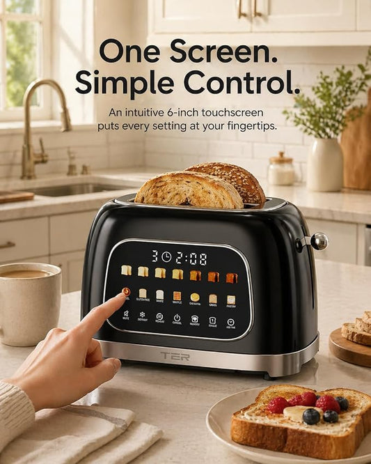 Toaster 2 Slice, Touch Screen Wide Slot Retro Toaster for Bagel & Thick Breads, Stainless Steel Smart Digital Toasters, 7 Bread Modes & 7 Browning Levels, Mute Mode, Memory, Defrost & Reheat, Black
