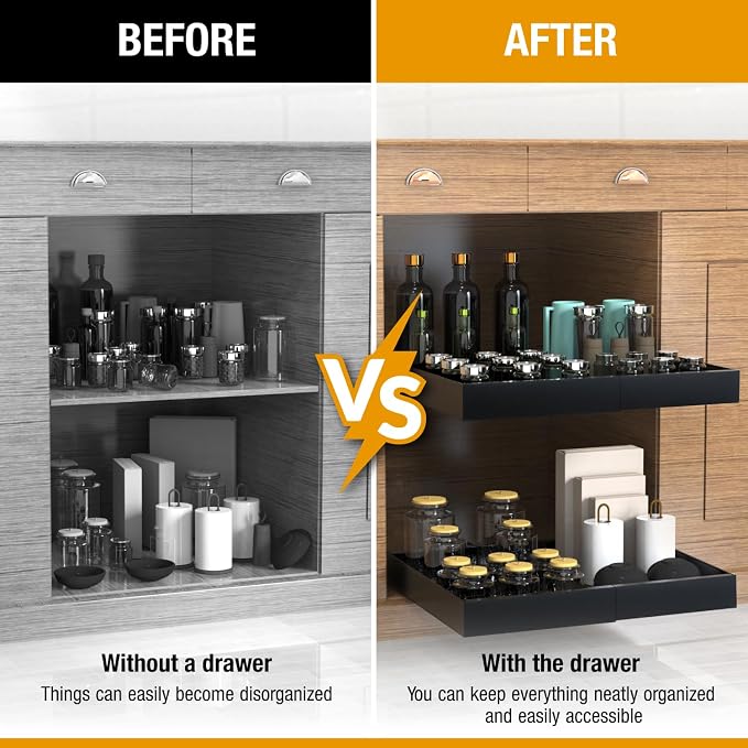 Expandable Pull Out Drawers for Cabinets(Black) : Kitchen and Pantry Organizer, Sliding Cabinet Organizer with Adhesive, Under Sink and Pots Storage, Depth 16.5". expandable pull out cabinet organizer