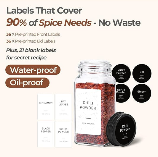 ComSaf Aesthetic Minimalist Glass Spice Jars with Labels, 24Pcs 4oz Empty Spice Containers with 93 Labels, Metal Funnel, Extra Shaker Lids, Square Spice Bottles for Kitchen Organization