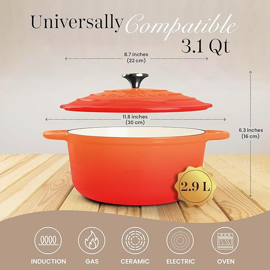 Cast Iron Dutch Oven with Lid-Non-Stick Ovenproof Enamelled Casserole Pot- Sturdy Dutch Oven Cookware - Orange, 3.1- Quart, 22cm- by Nuovva