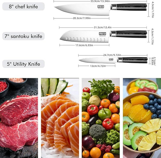 MDHAND Kitchen Knife Set, 3 Pieces Ultra Sharp Japanese Knife Set, High Carbon Stainless Steel Professional Chef Knives Set with Black Pakkawood Handle for Home Cooking, Dishwasher Safe
