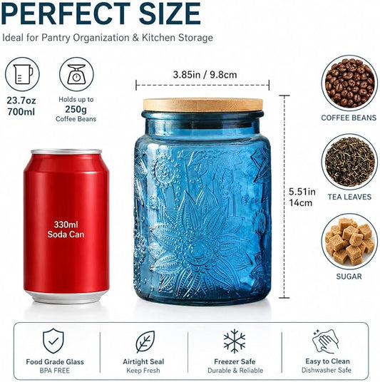 ANSQU 4-Pack Vintage Glass Canisters, 23.7 Fl oz Candy Jars with Lids, Vintage Colored Mason Jars for Kitchen Decorative Jar for Coffee Tea Candy Cookies, Cute Jars
