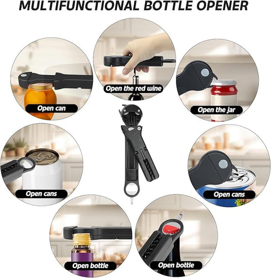 Jar Opener for Seniors with Arthritis, 7 in 1 Bottle Opener and Wine Corkscrew, Easy Grip Kitchen Gadget for Weak Hands Elderly, Retractable Jaw Lid Opener with Magnetic Storage (Black)