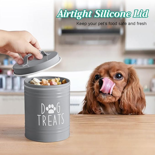 OUTNILI Small Dog Treat Container Airtight - 6" Tall X 4.9" Round Gray Dog Treat Jar for Kitchen Counter - Rustic Treat Storage Canister for Dogs, Cats, Small Animals - Gifts for Pet Owners