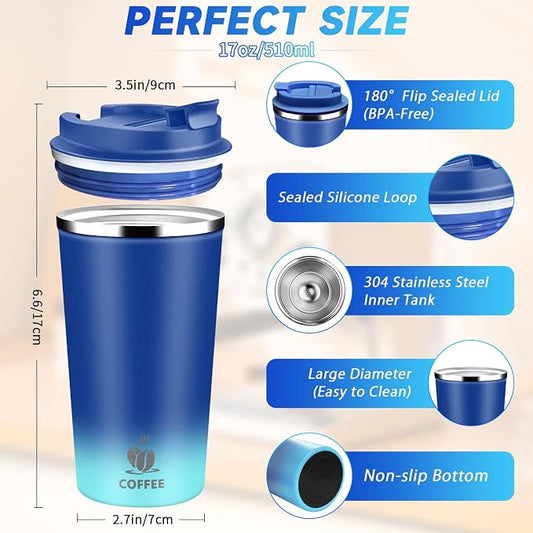 Insulated Travel Coffee Mug Reusable Coffee Tumbler Cup with Flip Lid Leak Proof Spill Proof for Office School Party Camping Hot and Cold Drink,Stainless Steel 17oz (Blue)