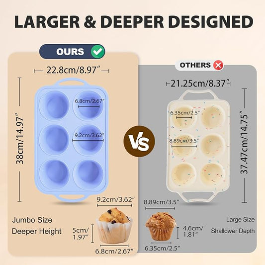 Jumbo Silicone Muffin Pan with Metal Frame, Non Stick Silicone Cupcake Pan with Handles 6 Cup, BPA Free Silicon Muffin Tin Tray Extra Large for baking, egg bites, Cupcake Mold Blue