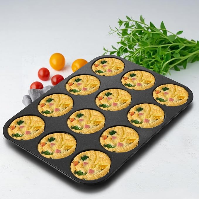 E-far 12-Cavity Muffin Top Pan, 3 Inch Nonstick Shallow Cupcake Pan for Yorkshire Pudding, Eggs, Whoopie Pie, Cornbread, Easy Release & Clean, Standard Size