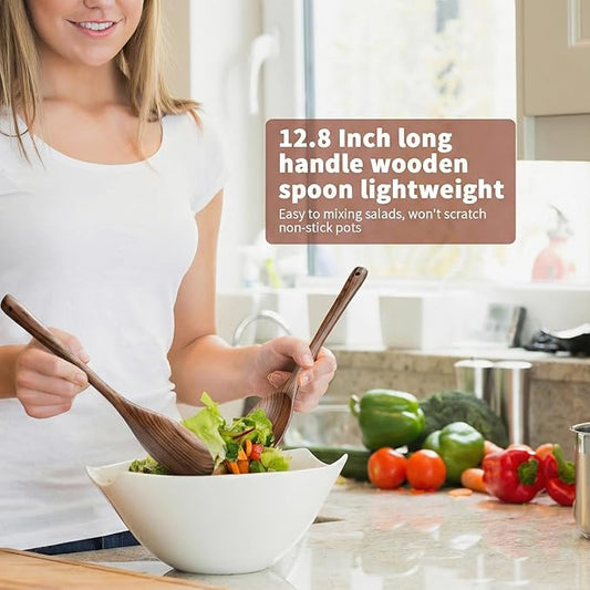 12 Inch Wooden Cooking Spoons, Long Handle Wooden Spoons, Heat Resistant, Large Wood Spoon for Cooking Serving Mixing Salads and Nonstick Cookware (2 PCS)