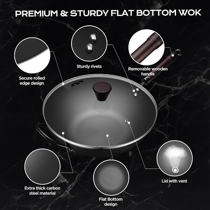 Wok, 13 Inch carbon steel wok pan with steamer & stir-fry pans nonstick, Pre-Seasoned 5.8QT Flat Bottom Chinese Woks Paella Pan with lid, Carbon Steel Cookware, Compatible with All Cooktops
