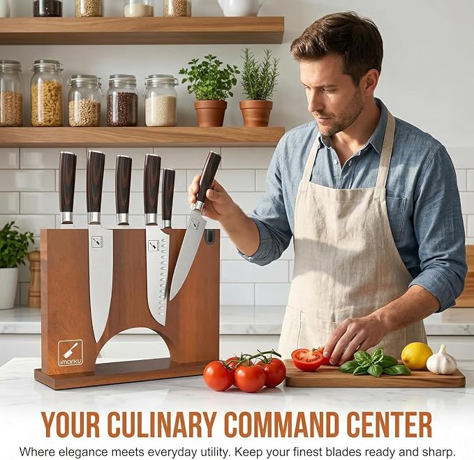 Imarku Magnetic Knife Block with Built-in Handle, Double Sided Acacia Wood Magnetic Knife Holder for Kitchen Counter, Magnetic Knife Storage Stand with Knife Sharpener, Easy to Clean & Move