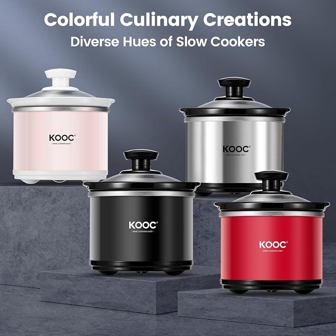 KOOC Small Slow Cooker, 0.65 Quart, Free Liners Included, Upgraded Ceramic Pot, Nutrient Loss Reduction, Sauces, Stews & Dips, Stainless Steel, Pink, Round