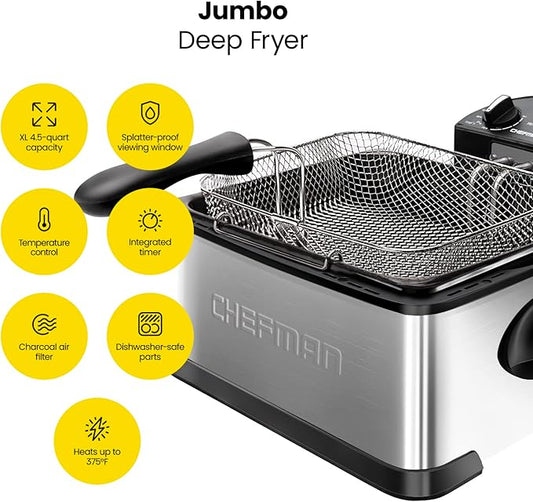 Chefman 4.5 Liter Deep Fryer w/Basket Strainer, XL Jumbo Size, Adjustable Temperature & Timer, Perfect for Fried Chicken, Shrimp, French Fries, Chips & More, Removable Oil-Container, Stainless Steel