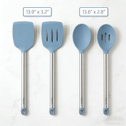 Vayvnt 4PCS Kitchen Utensils Set, Heat Resistant Silicone Utensils Set for Cooking, Non Scratch Spatula Spoons for Non Stick Pan, Large Kitchen Cooking Tools, Metal Long Handle&Dishwasher Safe, Blue