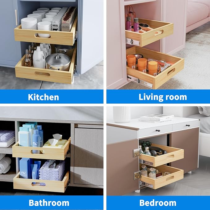 Pull Out Cabinet Organizer, 1PC 33''W x 21''D x 3''H Soft Close Slide Out Wood Drawer Storage Shelves for Kitchen, Finished, Heavy-Duty, Bottom Assembly (Wood Drawer Part Width is 32inch)