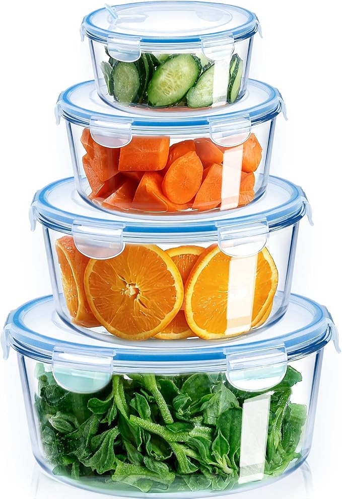 NUTRIUPS 95/54/30/15oz Round Large Glass Food Storage Containers with Airtight Lids, Meal Prep Containers, Ideal for Baking and Storing Casseroles, Lasagnas, Vegetables, Fruits,4-Piece Set