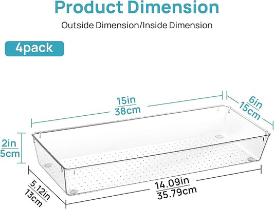 Vtopmart 4 Pack 15" X 6" Kitchen Drawer Organizers, Clear Plastic Drawer Organizer Tray, Storage Bins for Flatware, Silverware, Utensil, Cutlery