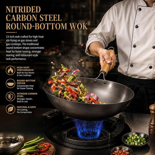 Calmabode 13” Large Round Bottom Carbon Steel Wok with Glass Lid | Large traditional Chinese round-bottom wok for gas stoves, nitrided carbon steel, glass lid, ideal for family stir-fry