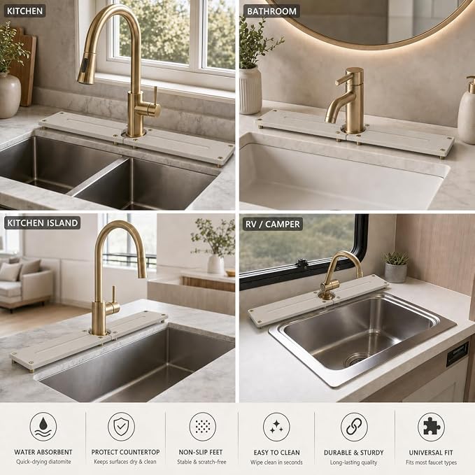Stone Faucet Mat for Kitchen Sink, Water Absorbing Sink Tray Organizer for Bathroom Counter, Diatomite Soap Dish Coaster Caddy Riser, Sponge Holder Dispenser Mat, Gold Beige, 23.6" x 4"