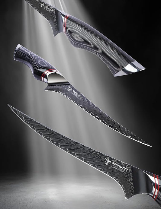 7 Inch Fillet Knife - Professional Kitchen Boning Knife - Black Damascus Steel with Ergonomic Handle - MIAO Series
