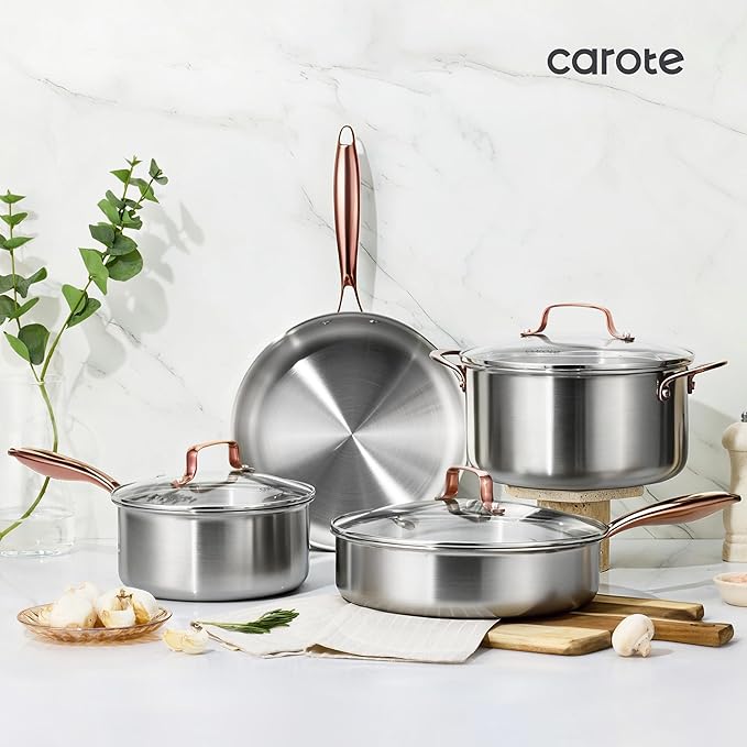 CAROTE 3-Piece Tri-Ply Stainless Steel Frying Pan Set, Skillet Set 8"/10"/12", Induction Compatible, Oven & Dishwasher Safe, Gold Handle, Mothers Day Gifts