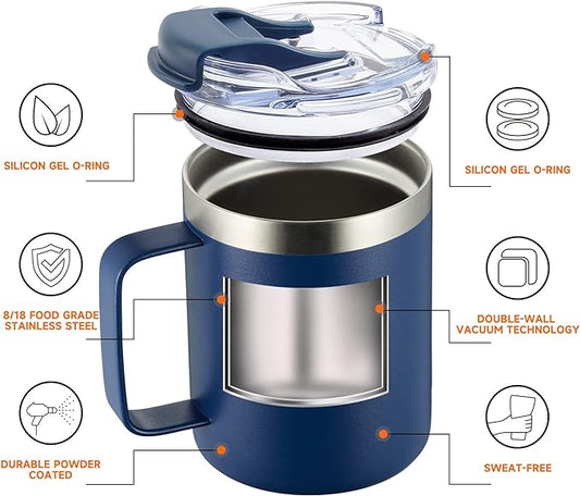 12oz Stainless Steel Insulated Coffee Mug with Handle, Double Wall Vacuum Tumbler Cup with Fliping Lid, Navy, 4 Pack